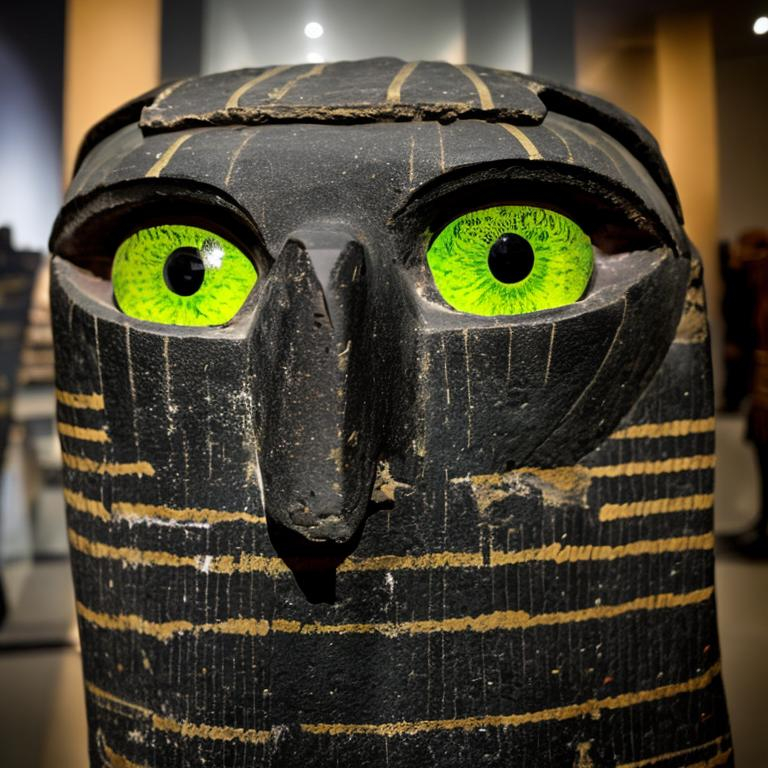 Prompt: An ancient Egyptian mummy in a modern museum display has suddenly come alive & sat up in its sarcophagus, then turned to stare ominously with deep-set, glowing, multi-colored eyes.