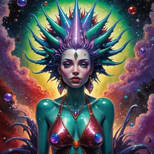 Prompt: The figure of an extremely beautiful, spiky hair-covered, female djinn rises & forms from an oil-slick puddle on the ground under a fantastic starscape. Deep acrylic sparkling metallic emerald gold blue purple & red, lightning bubbles, poisonous frog skin, obsidian orchids, cosmic iridescent, 3D psychedelic shading, full body image, dark fantasy!   high contrast, art deco, colorful polychromatic, explosive, intricate details, 8k resolution holographic astral cosmic illustration mixed media by Pablo Amaringo oil gouache, dynamic lighting! ultra quality, CGSociety