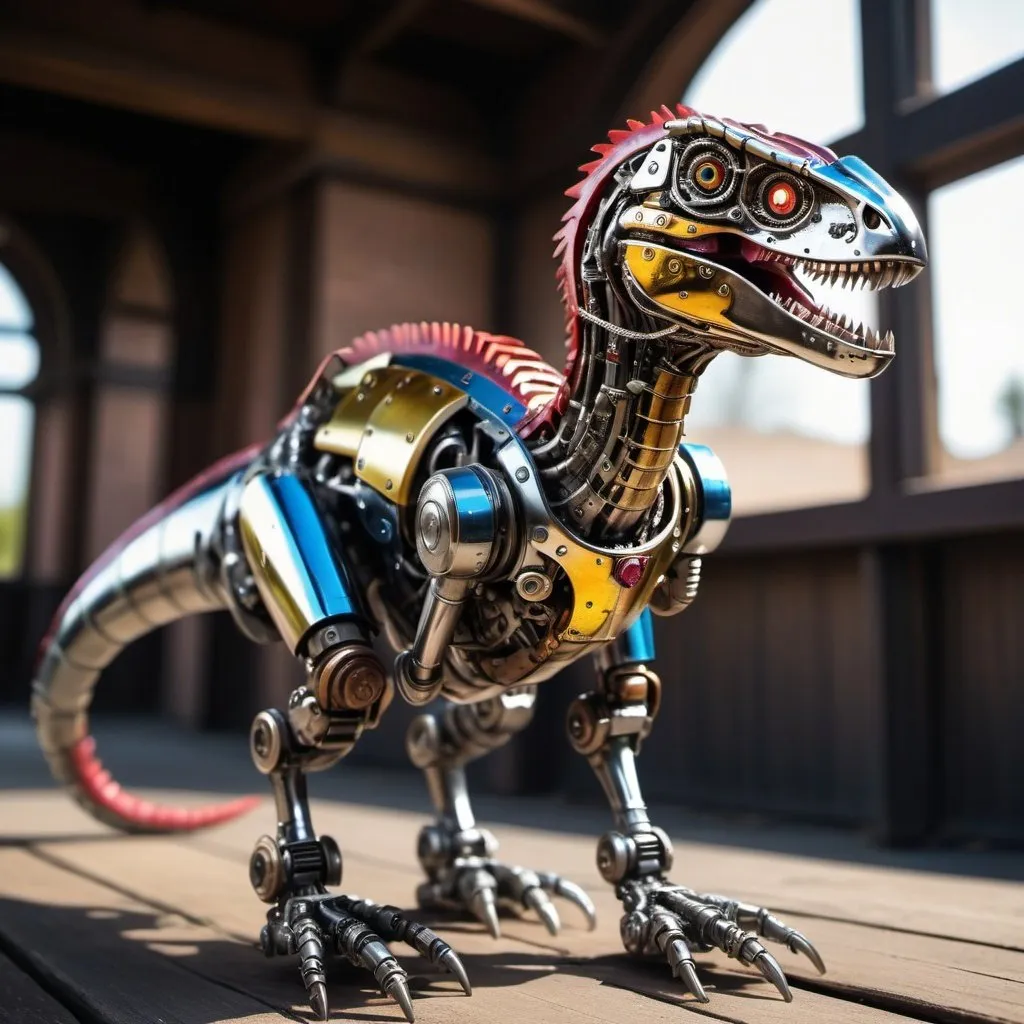 Prompt: All chrome & metallic primary colors, full body steampunk velociraptor-humanoid cyborg advanced. intricate details, HDR, beautifully shot, hyperrealistic, sharp focus, 64 megapixels, highly detailed bismuth, mech mecha mechanical perfect composition, high contrast, cinematic, atmospheric, moody Professional photography, bokeh, natural lighting, canon lens, shot on dslr 64 megapixels sharp focus