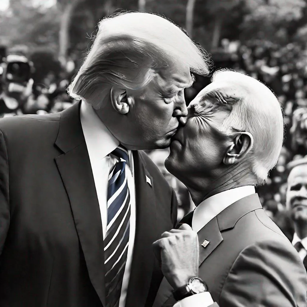 Prompt: Donald Trump & Joe Biden about to French kiss eachother.