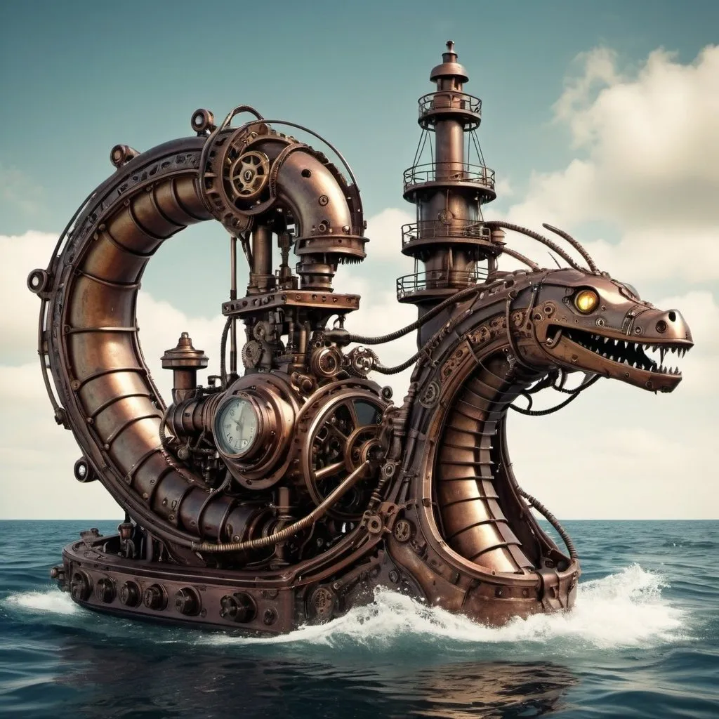 Prompt: A steampunk mechanical sea serpent. steampunk engine