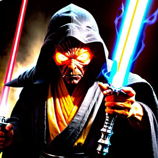 Prompt: A sith master that is a horrifying large mouthed creature with glowing yellow eyes in a black robe holding a single full length lightsaber-lazersword in one hand & he has the other hand extended towards the camera. The lightsaber should have an iridescent red-yellow-orange blade, & a smooth, claw-shaped obsidian handle. He should be wearing inky black leather & cloth robes. Cinematic film still, shot on v-raptor XL, film grain, vignette, color graded, post-processed, cinematic lighting, 35mm film, live-action, best quality, atmospheric, a masterpiece, epic, stunning, dramatic intricate details, HDR, beautifully shot, hyperrealistic, sharp focus, 64 megapixels, perfect composition, high contrast, cinematic, atmospheric, moody