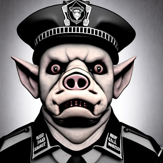 Prompt: A sad looking, zombfiede humanoid pig-police officer in
uniform with badge & police hat,
Black & white image.