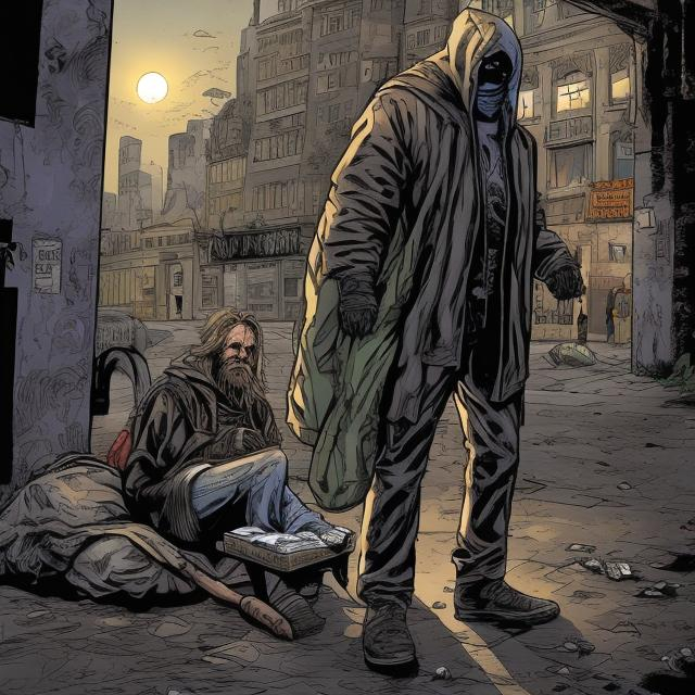 Prompt: "Homeless Avenger," dark, adult graphic novel. Fantastic, professional, unique color comic book artwork. 