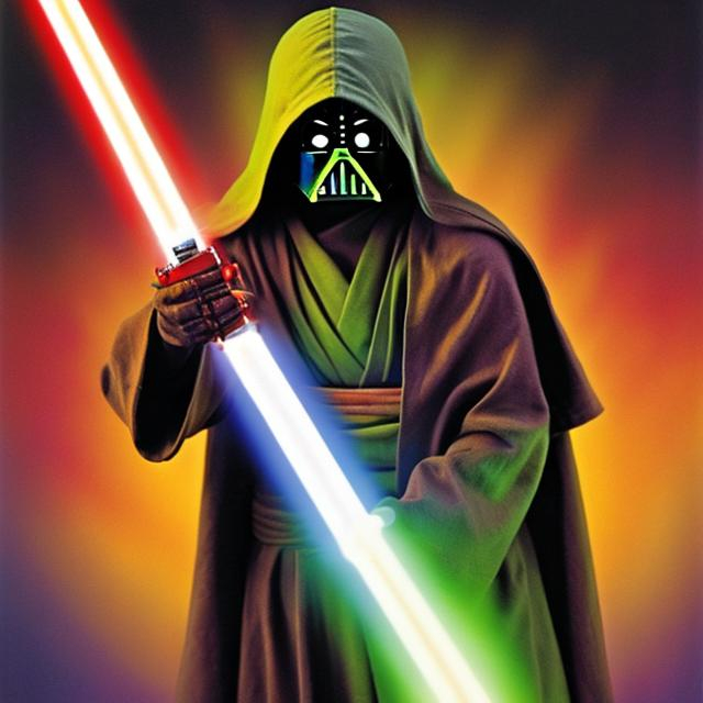 Prompt: A jawa-jedi with a rainbow colored lightsaber blade.