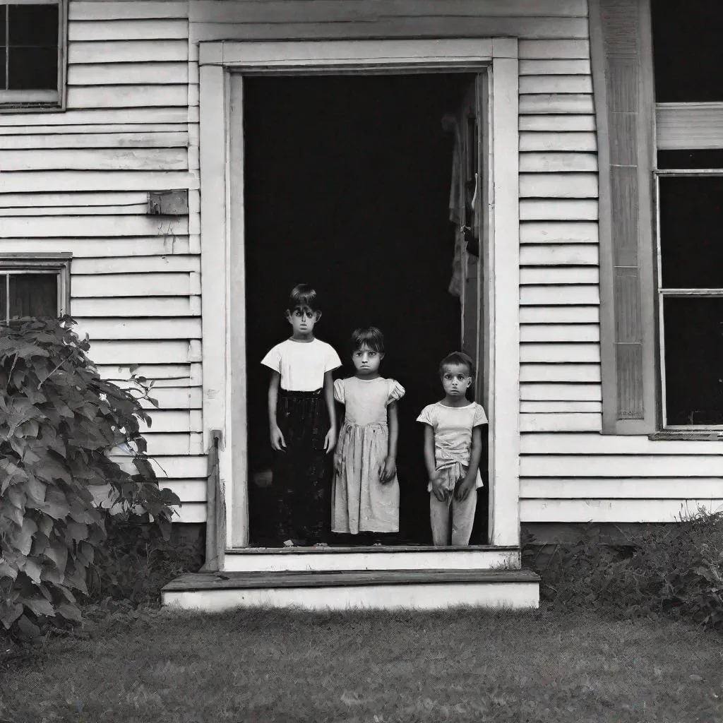 Prompt: Two black-eyed children are at the door, standing on the porch & insistently asking to be let inside the house.