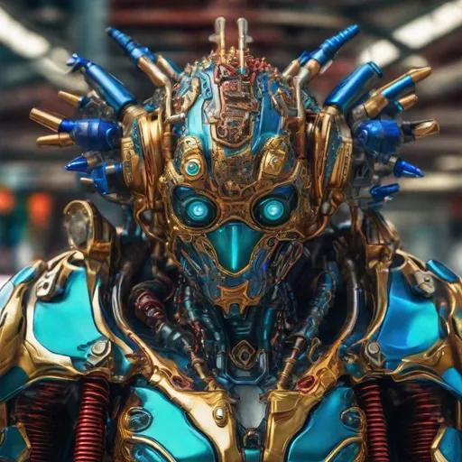 Prompt: CoVid humanoid supervillian with metallic teal base colored armor spotted with cobalt blue rings & bristling with red spike-protein like techno-interface connectors, & a mowhawk of gold & chrome hair-like hydraulic tubes on head.  Steampunk. intricate details, HDR, colorful polychromatic, beautifully shot, hyperrealistic, sharp focus, 64 megapixels, perfect composition, high contrast, cinematic, atmospheric, moody Professional photography, natural lighting, canon lens, shot on dslr 64 megapixels, color depth, dramatic, colorful background, high contrast, ultra detailed, ultra quality, a masterpiece, 8k resolution, hyperdetailed, volumetric lighting