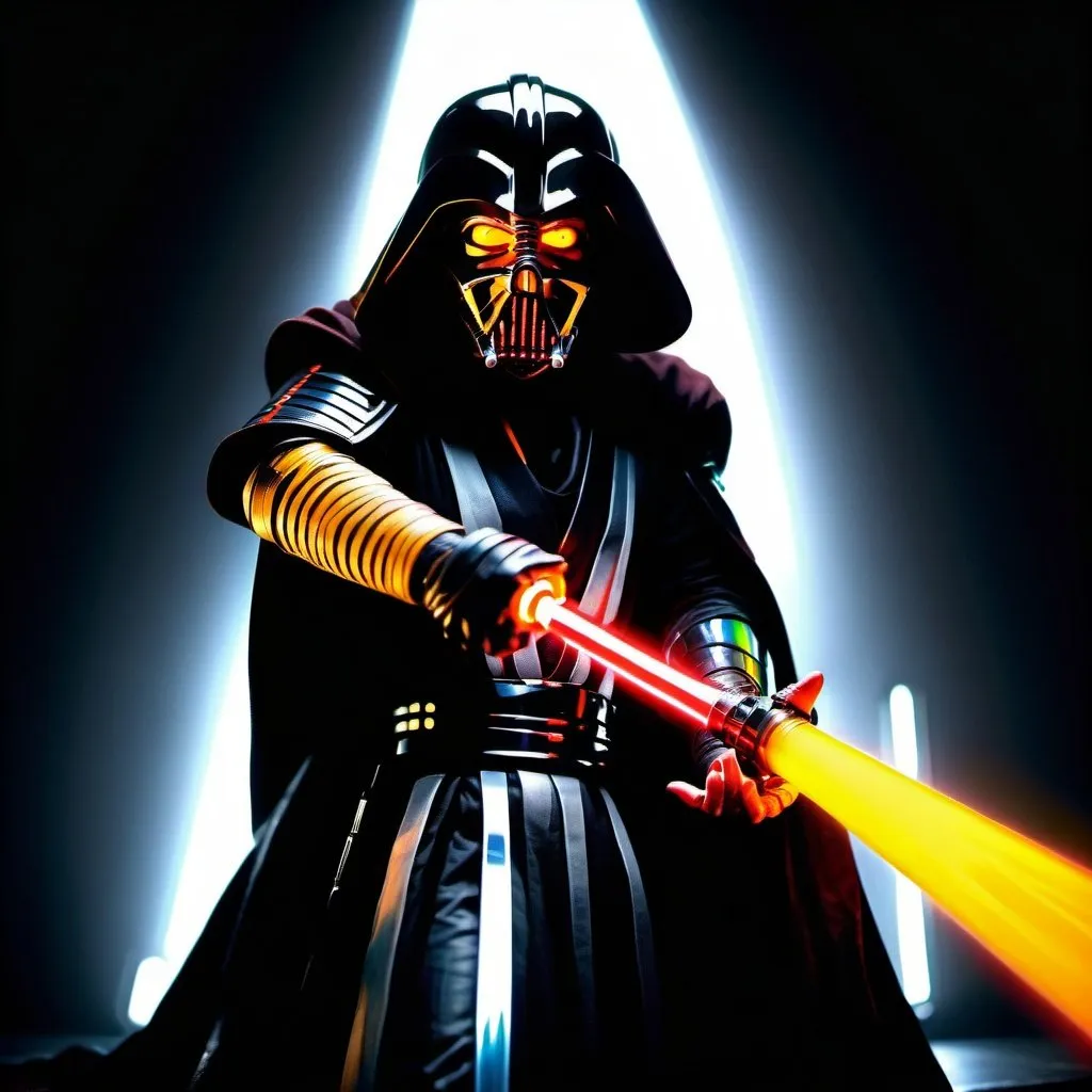 Prompt: A sith master that is a horrifying large headed wide-mouthed creature with glowing yellow eyes in inky black leather holding a single full-length lightsaber with both hands on its single pommel, that has an iridescent red-yellow-orange blade, & a smooth, claw-shaped obsidian handle. Cinematic film still, shot on v-raptor XL, film grain, vignette, color graded, post-processed, cinematic lighting, 35mm film, live-action, best quality, atmospheric, a masterpiece, epic, stunning, dramatic intricate details, HDR, beautifully shot, hyperrealistic, sharp focus, 64 megapixels, perfect composition, high contrast, cinematic, atmospheric, moody, lightsaber iridescent orange-yellow-red blade & a smooth, claw-shaped obsidian handle. Dark shiny black leather & iridescent lightsaber blade. Cinematic film still.