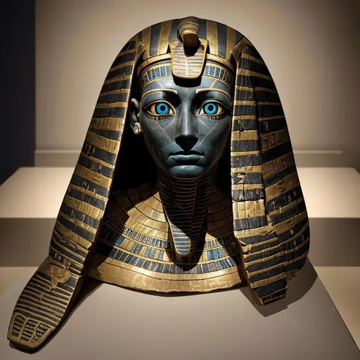 Prompt: An ancient Egyptian mummy in a modern museum display has suddenly come alive & sat up out of its sarcophagus. It's head is turned to stare ominously with deep-set, glowing, multi-colored eyes.