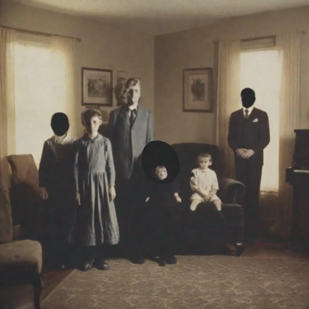 Prompt: A shadow-person is accidentally caught lurking behind family members in a color photograph in their home.