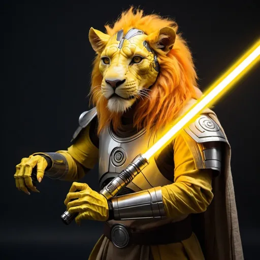Prompt: A jedi that is a reptilian-lion cyborg hybrid creature holding an yellow-orange lightsaber.  A photo.