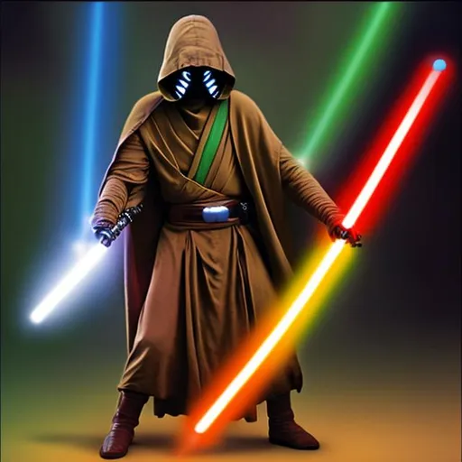 Prompt: A jawa-jedi with a rainbow colored lightsaber blade.