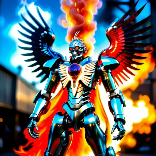 Prompt: Full body steampunk highly advanced cyborg phoenix rising spitting fire below it. Intricate details. All chrome & metallic primary colors, hammered metal texture, iridescent, obsidian, blood red, electric blue, vvHDR, beautifully shot, hyperrealistic, sharp focus, 64 megapixels, highly detailed bismuth, mech mecha mechanical perfect composition, high contrast, cinematic, atmospheric, moody Professional photography, bokeh, natural lighting, canon lens, shot on dslr 64 megapixels sharp focus