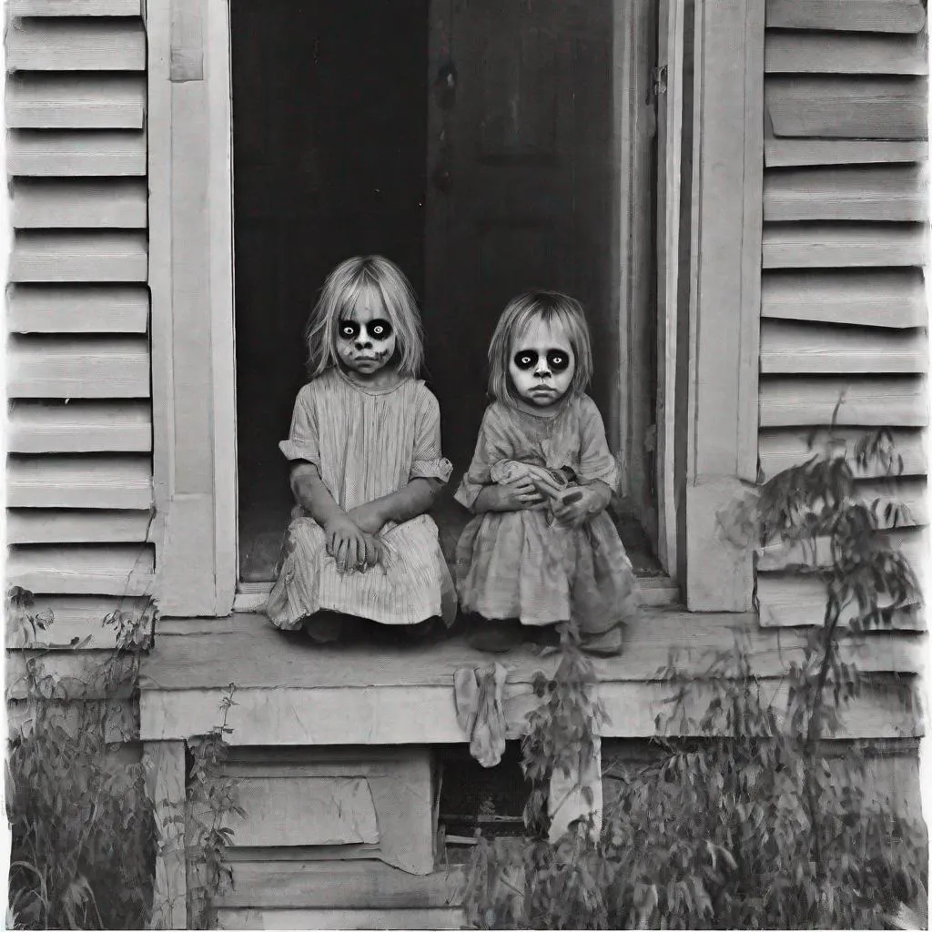 Prompt: Two black-eyed children are on the porch when a woman opens her door after a late night knock.