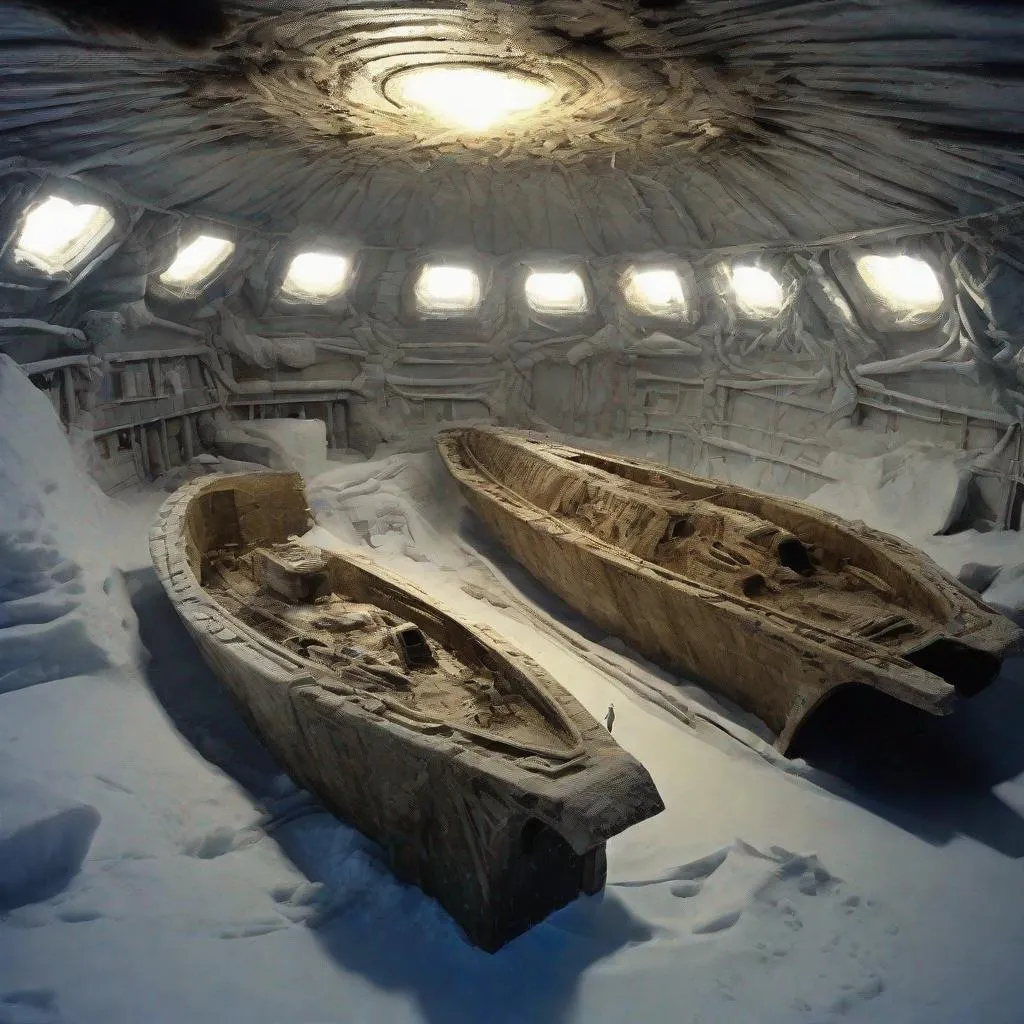 Prompt: Archeologists marvel at what's inside an alien ship uncovered in Antarctica. Photo quality color perfect lighting 