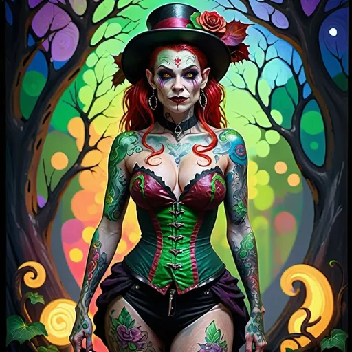 Prompt: <lora:Inconceivable:1.0> <lora:SuperHyperrealism:1.0> <lora:Absolute Beauty:1.0> <lora:Detailed render:1.0> A full-body depiction of a beautiful full-body tatooed female-leprechaun-vampire hybrid creature. Gouache, acrylic, high contrast, colorful polychromatic metallic & iridescent Epic cinematic brilliant stunning intricate meticulously detailed dramatic atmospheric maximalist digital matte painting , ultra detailed, ultra quality, CGSociety, iridescent primary colors  pewter gray. Professional photography, bokeh, natural lighting, canon lens, shot on dslr 64 megapixels sharp focus neo-impressionism expressionist style oil painting, smooth post-impressionist impasto acrylic painting, thick layers of colourful textured paint