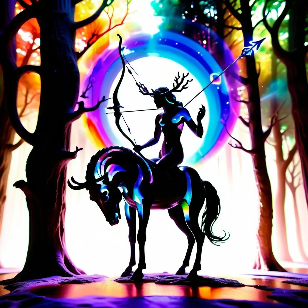 Prompt: Magic smoke forms into the shape of a full-body centaur creature with a bow & arrow in a magical forest setting. Iridescent acrylic, 3D shading, dark fantasy! iridescent, high astral cosmic illustration mixed media, oil gouache, acrylic, high contrast, colorful polychromatic, ultra detailed, art deco, colorful polychromatic, intricate details, 8k resolution holographic astral cosmic illustration mixed media dynamic lighting! super colorful polychromatic, ultra quality, CGSociety