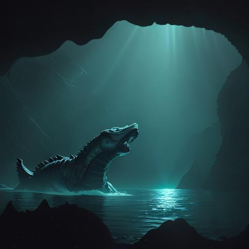 Prompt: A diver in the deep dark waters of Lochness suddenly encounters the Lochness Monster staring right at him, illuminated by the beam of his powerful light.