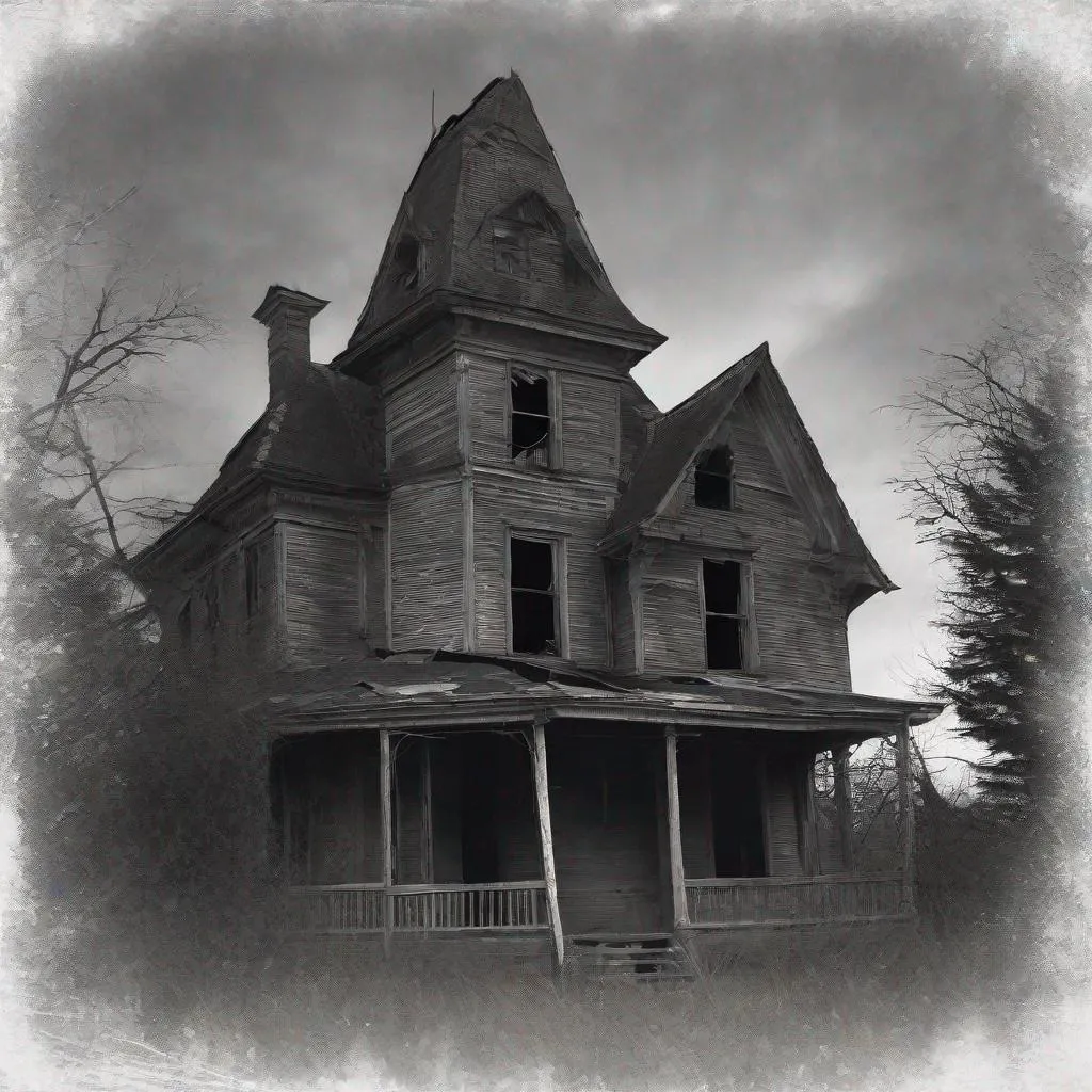 Prompt: An evil spirit peaks out of the upstairs window  of an abandoned haunted house.