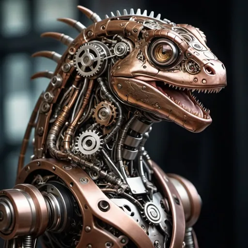 Prompt: All chrome & metallic bronze hammered copper, brushed steel, full body steampunk lizard-humanoid cyborg advanced. intricate details, HDR, beautifully shot, hyperrealistic, sharp focus, 64 megapixels, highly detailed mech mecha mechanical gears pistons cogs levers wires perfect composition, high contrast, cinematic, atmospheric, moody Professional photography, bokeh, natural lighting, canon lens, shot on dslr 64 megapixels sharp focus