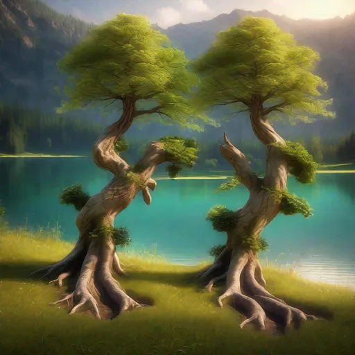 Prompt: A pair of trees step free of their root systems, in order to dance the lambada together beside a lake in a magical meadow.