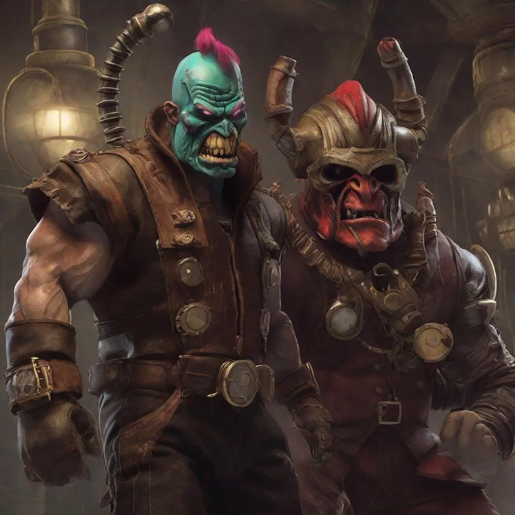 Prompt: Trapjaw & Beastman are the essence of rage. Steampunk Photo realistic