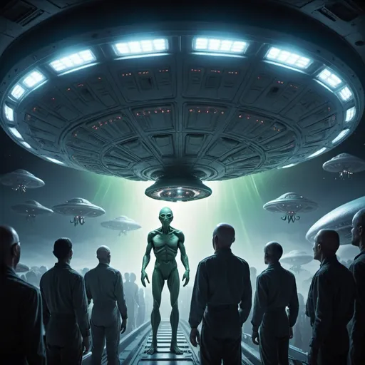Prompt: A UFO abductee awakens while on board an alien ship with several aliens standing over him.
