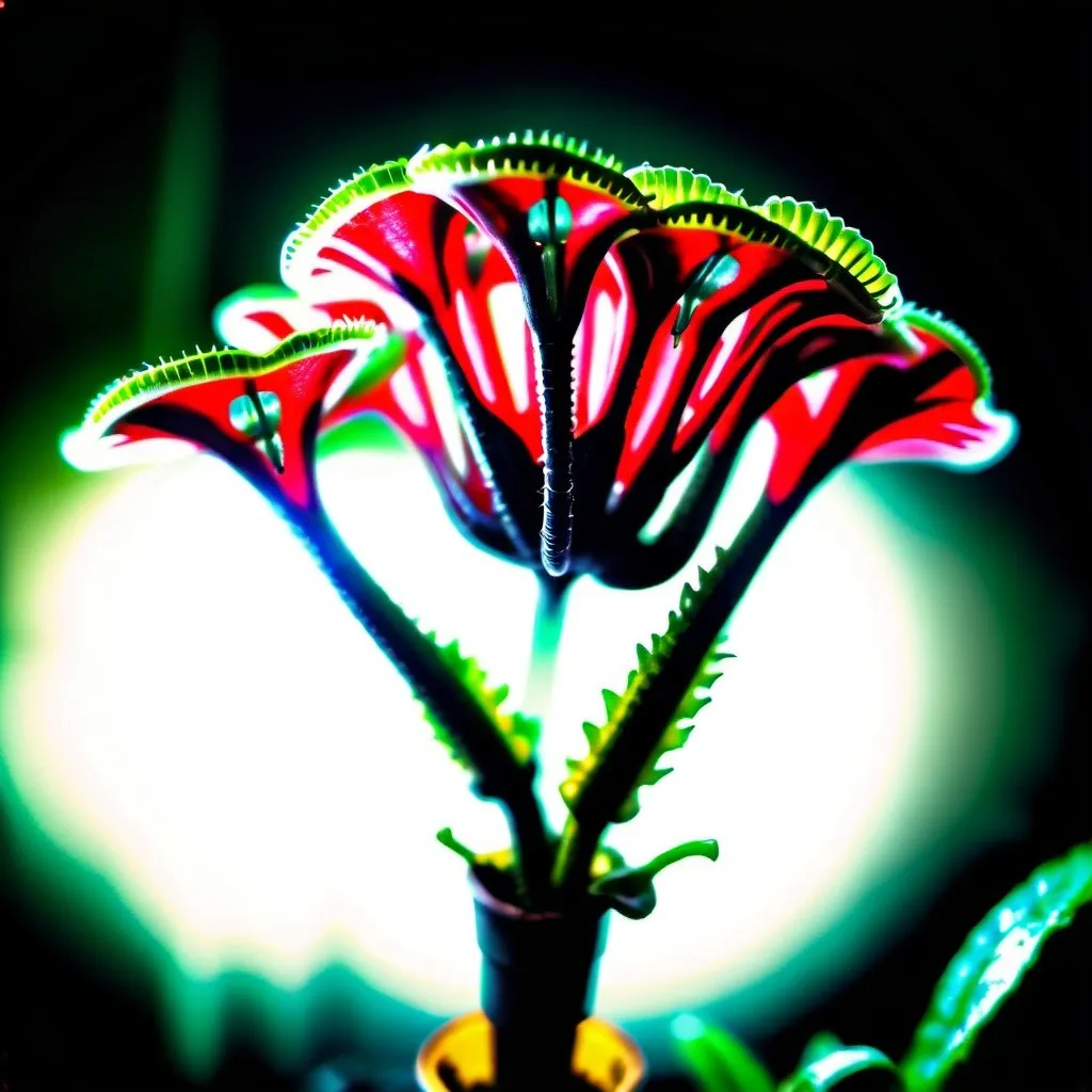 Prompt: A multi-headed species of bipedal venus flytrap that is a dark jedi with a red lightsaber. Film grain, vignette, color graded, post-processed, cinematic lighting, 35mm film, live-action, best quality, atmospheric, a masterpiece, epic, stunning, dramatic intricate details, HDR, beautifully shot, hyperrealistic, sharp focus, 64 megapixels, perfect composition, high contrast, cinematic, atmospheric, moody