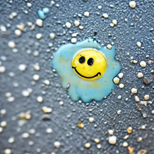 Prompt: A single glob of common white bird poop, about the size of a half dollar coin, that's fallen from the sky & splattered on the outside of a car windshield, where it ended up looking like a bird-poop-image of a classic smiley face.