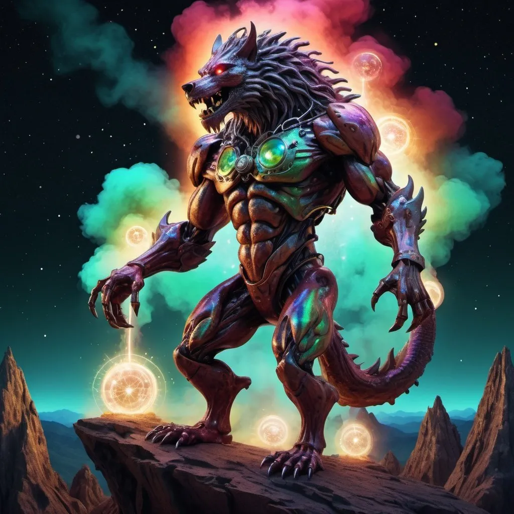 Prompt: A full body steampunk werewolf-dragon-bigfoot-demon hybrid cyborg creature standing on a bismuth-mountain under an electric-starscape with crackling electricity dancing everywhere. Steampunk, psychedelic, Iridescent acrylic, bismuth, 3D shading, dark fantasy, a storm of smoke, fractals, starscape, constellations, astrology, iridescent lightning, high astral cosmic illustration mixed media, acrylic, high contrast, colorful polychromatic, ultra detailed, art deco, colorful polychromatic, cinematic film still, intricate details, 8k resolution holographic astral cosmic illustration mixed media,dynamic lighting! super colorful polychromatic, blood red, onyx, bronze green, chrome, checkered hammered textures ultra quality. Hyperrealistic, concept art, mid shot, intricately detailed, color depth. vignette, color graded, post-processed, cinematic lighting, 35mm film, live-action, best quality, atmospheric, a masterpiece, epic, stunning, dramatic, busy background