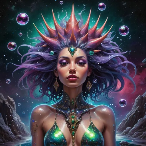 Prompt: The figure of an extremely beautiful, spiky hair-covered, female djinn rises & forms from an oil-slick puddle under a fantastic starscape with lightning bubbles, poisonous frog skin, & obsidian & opal orchids. Deep acrylic sparkling metallic emerald gold blue purple & red, cosmic iridescent, 3D psychedelic shading, full body image, dark fantasy!   high contrast, art deco, colorful polychromatic, explosive, intricate details, 8k resolution holographic astral cosmic illustration mixed media by Pablo Amaringo oil gouache, dynamic lighting! ultra quality, CGSociety