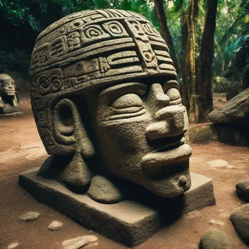 Prompt: Ancient Olmecs bow before ruthless extraterrestrial conquerers. Photo quality color perfect lighting 