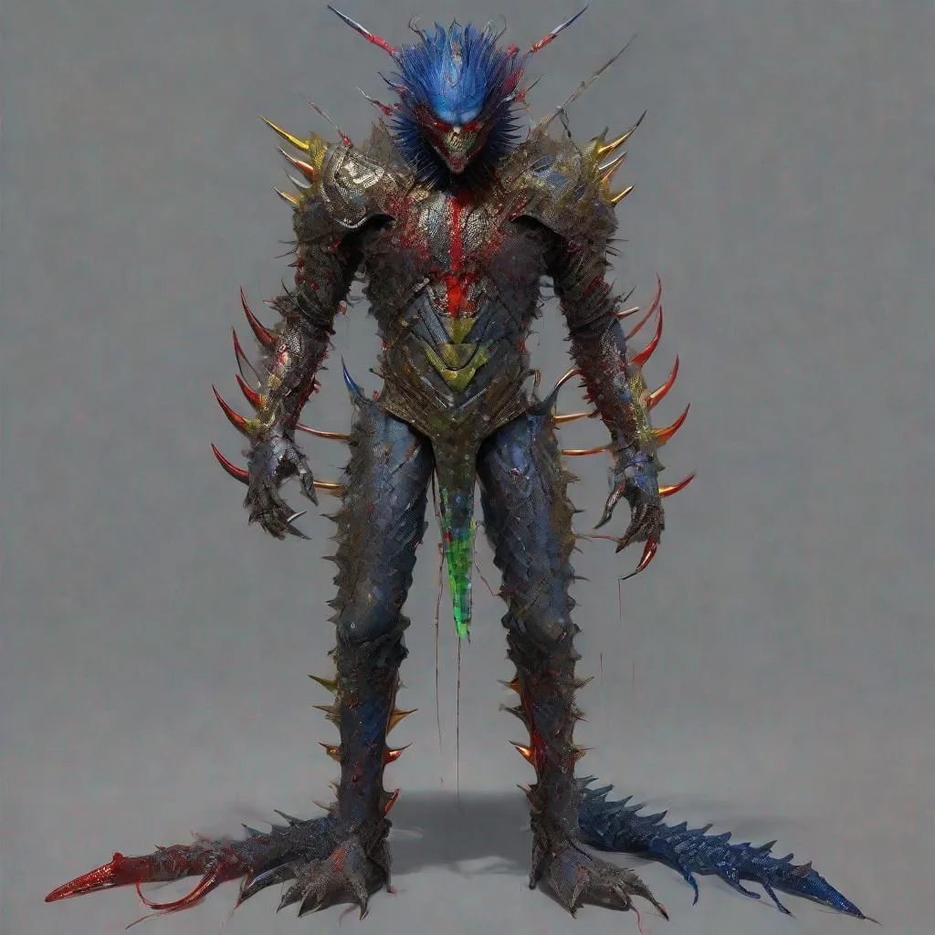 Prompt: Full body view of CoVid humanoid supervillian with iridescent scaly head & facial skin, molten-gold eyes & rows of needle-like blood red spikes of head hair & needle-sharp chrome teeth, gunmetal grey scale-textured torso armor spotted with cobalt blue colored rings outlined in chartreuse, & no legs, instead his lower half is a ball capable of rolling him in any direction & is identical to the covid 19 virus medium-grey colored with metallic red spike-proteins serving as treads. Steampunk. intricate details, HDR, colorful polychromatic, beautifully shot, hyperrealistic, sharp focus, 64 megapixels, perfect composition, high contrast Professional photography, natural lighting, canon lens, shot on dslr 64 megapixels, color depth, dramatic, high contrast, ultra detailed, ultra quality, a masterpiece, 8k resolution, hyperdetailed, volumetric lighting