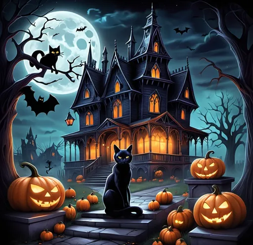 Prompt: Halloween scene with (gothic art), eerie haunted house, whimsical (ghost) hovering, enchanted pumpkins, (a black cat) majestically sitting in front, moonlit night sky, chilling atmosphere, intricate details, vibrant colors, dramatic shadows, (Anne Stokes style), with high-quality (poster art), perfect for a horror-themed illustration.