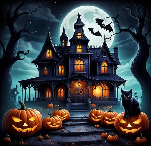 Prompt: Halloween scene with (gothic art), eerie haunted house, whimsical (ghost) hovering, enchanted pumpkins, (a black cat) majestically sitting in front, moonlit night sky, chilling atmosphere, intricate details, vibrant colors, dramatic shadows, (Anne Stokes style), with high-quality (poster art), perfect for a horror-themed illustration.