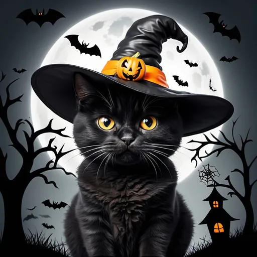 Prompt: cenário de Halloween  abóbora, gato preto chapéu de bruxa vassoura