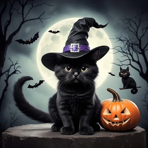 Prompt: cenário de Halloween  abóbora, gato preto chapéu de bruxa vassoura