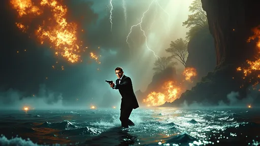 Prompt: Create a high-detail, cinematic-style image of James Bond (Sean Connery) from Thunderball (1965), faithfully capturing his iconic pose—standing confidently with a pistol in hand, dressed in his classic tailored suit. The background should be a dynamic, action-packed movie scene inspired by Thunderball: a chaotic underwater base, a burning yacht, or a tropical jungle under siege. Include explosions, muzzle flashes, and dramatic lighting (like lightning or fiery reflections) to heighten the intensity. Emphasize a 1960s film aesthetic with vivid colors, grainy texture, and bold contrasts, evoking the glamorous yet dangerous vibe of the Bond franchise. Ensure Connery’s likeness is accurate, with his trademark smirk and composed demeanor amid the chaos."  