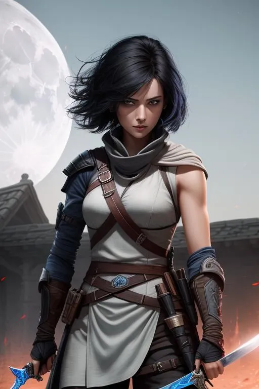 Prompt: A female assassin with short black hair, blue eyes, handling a short sword, killing intent and bloodthirst, full body, bright moon in the background sky, high resolution, UHD, 
