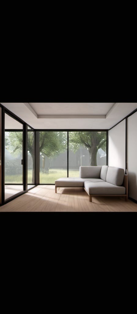 Prompt: a room with a couch and a window in it with a tree outside of it and a door leading to another room, David Chipperfield, light and space, unreal engine render, an ambient occlusion render by giving viking theme
