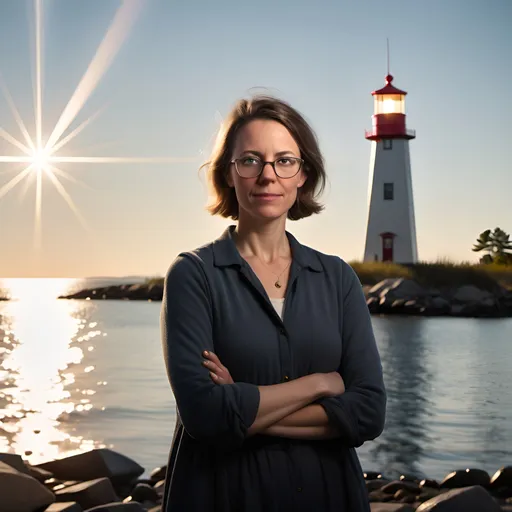 Prompt: a woman wearing glasses standing in front of a body of water with a light house in the background and a light house in the distance, Ann Thetis Blacker, hudson river school, anamorphic lens flare, a character portrait