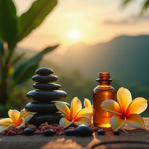 Prompt: tempat massage therapi dengan latar belakang pemandangan alam pegunungan yang indah dan menyejukkan dengan di lengkapi lilin dan minyak massage serta bebatuan yang tertata di sertai bunga kamboja yg cantik bertebaran