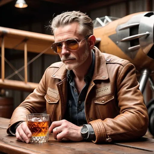 Prompt: A seasoned aviator, exuding an aura of weathered charm, stands confidently against the backdrop of a vintage biplane. Their attire, a classic leather aviator jacket and aviator goggles, speaks volumes of their expertise and passion for the skies. In their hand, they firmly grasp a Glencairn glass, its distinctive shape showcasing the amber liquid within. The whiskey, a carefully selected single malt, shimmers under the soft hangar lighting, its rich aroma filling the air with a hint of adventure and intrigue.