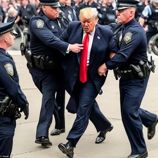 Prompt: Trump getting violently arrested by very angry cops in black uniform, too long red tie and navy suit, Norman Rockwell painting style