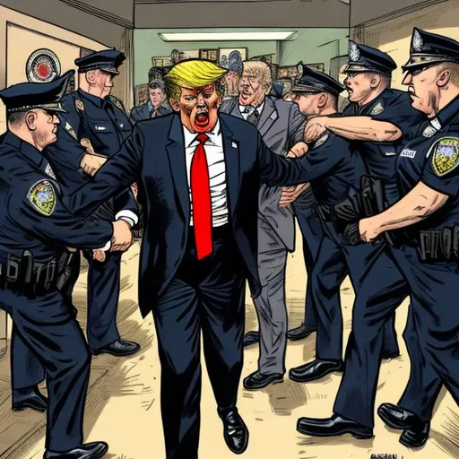 Prompt: Angst-ridden Trump getting violently arrested by very angry cops in black uniform, too long red tie, and navy suit, Sergio Aragonés MAD Magazine cartoon style 
