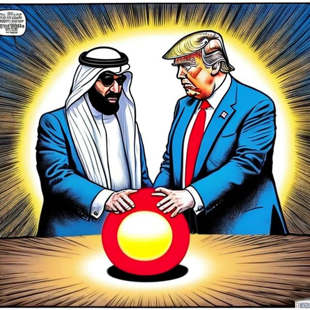 Prompt: Trump and Arab sheik worshipping a glowing orb, trump in a navy blue suit wearing too long red tie, Sergio Aragonés MAD Magazine cartoon style 