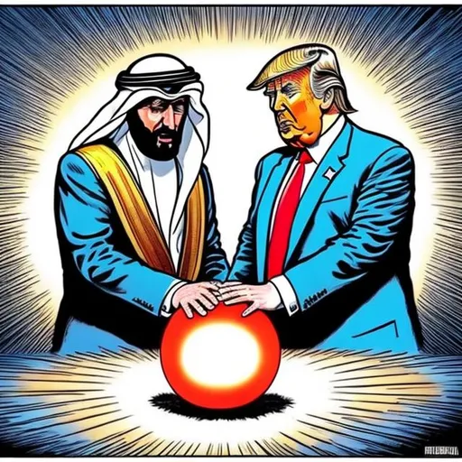 Prompt: Trump and Arab sheik worshipping a glowing orb, trump in a navy blue suit wearing too long red tie, Sergio Aragonés MAD Magazine cartoon style 