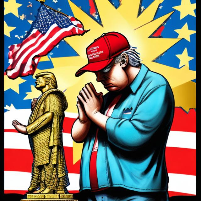 Prompt: MAGA-hat wearing worshiper in stars and stripes t-shirt praying to a golden "Statue of Trump",  golden trump statue in shorts, Sergio Aragonés MAD Magazine cartoon style 