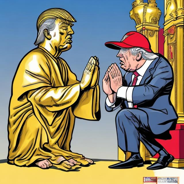 Prompt: MAGA-hat wearing worshiper  praying to a golden Statue of Trump,  Sergio Aragonés MAD Magazine cartoon style 