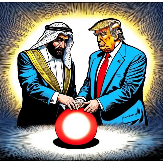 Prompt: Trump and Arab sheik worshipping a glowing orb, trump in a navy blue suit wearing too long red tie, Sergio Aragonés MAD Magazine cartoon style 